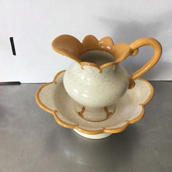 Pitcher and Saucer Ceramic Speckled brown, cream and mustard yellow - Picture 4 of 7